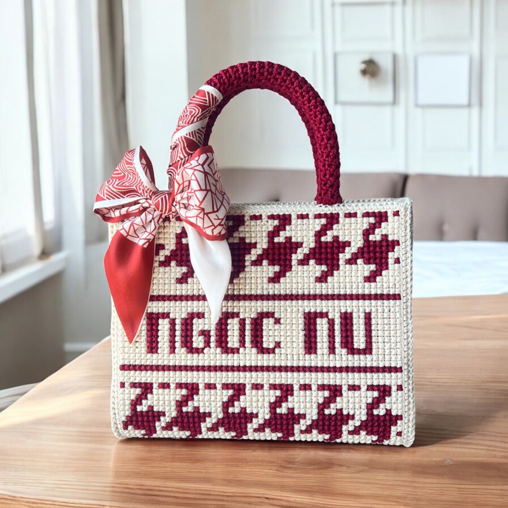 Túi Tope thêu tên hoạ tiết Houndstooth Đỏ Đô - anh 1